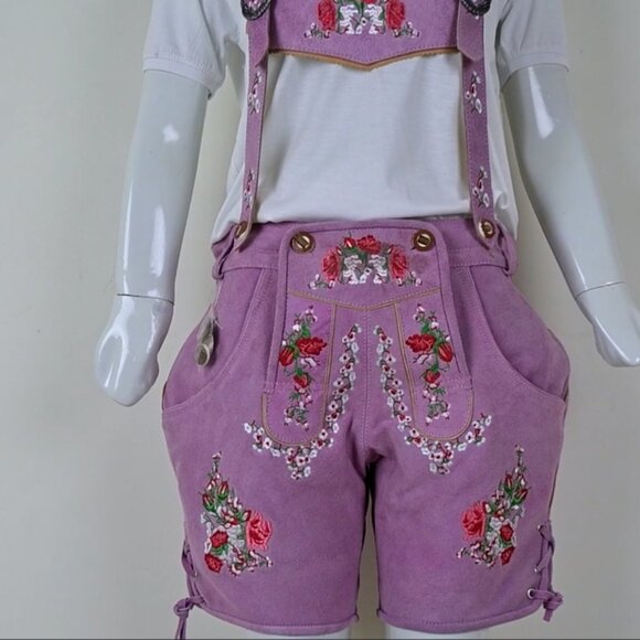 Oktoberfest Women Lederhosen Rose Pink Bavarian Leather Suede Lederhosen  NEW - Picture 1 of 10